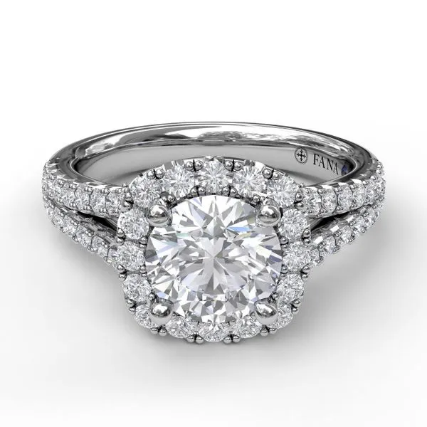 Cushion Halo Engagement Ring with a Diamond Encrusted Split Band Image 3 Quest Fine Jewelers Fairfax, VA