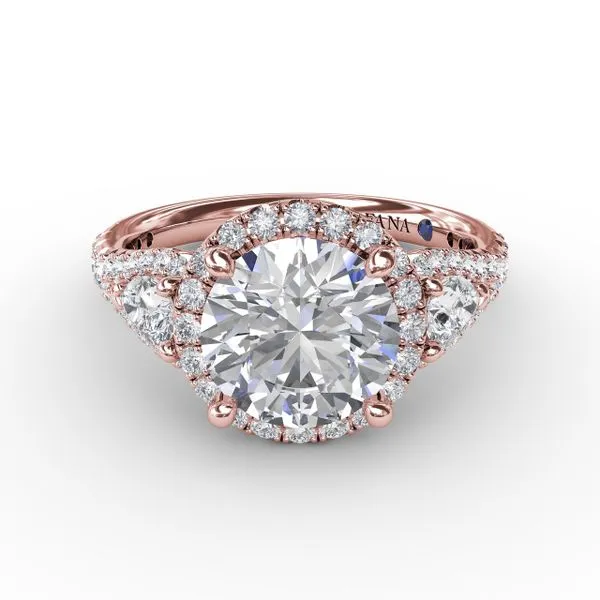 Three-Stone Round Diamond Halo Engagement Ring Image 3 Quest Fine Jewelers Fairfax, VA