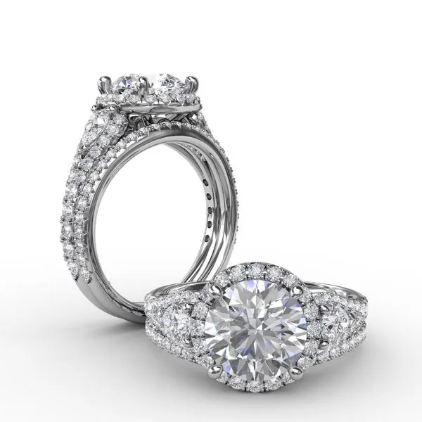 Three-Stone Round Diamond Halo Engagement Ring Image 4 Steve Lennon & Co Jewelers  New Hartford, NY