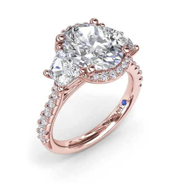 Halo Diamond Engagement Ring with Trapezoid Side Stones Moore Jewelers Laredo, TX