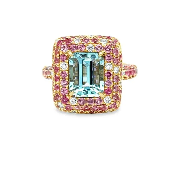 Aquamarine Ring with Pink Spinel and Diamond Sprinkle Halo Albert's Jewelers Kingsland, GA