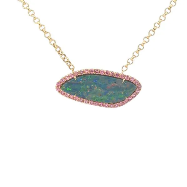 Natural Shape Opal Doublet Necklace with Pink Spinel Halo Ambassador Diamond Jewelers Tucson, AZ