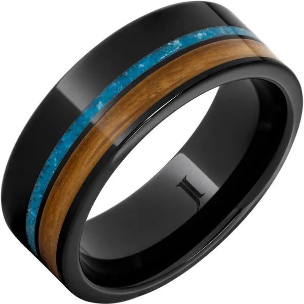 Barrel Aged™ Black Diamond Ceramic™ Ring with Cognac Wood and Turquoise Inlays Jerald Jewelers Latrobe, PA