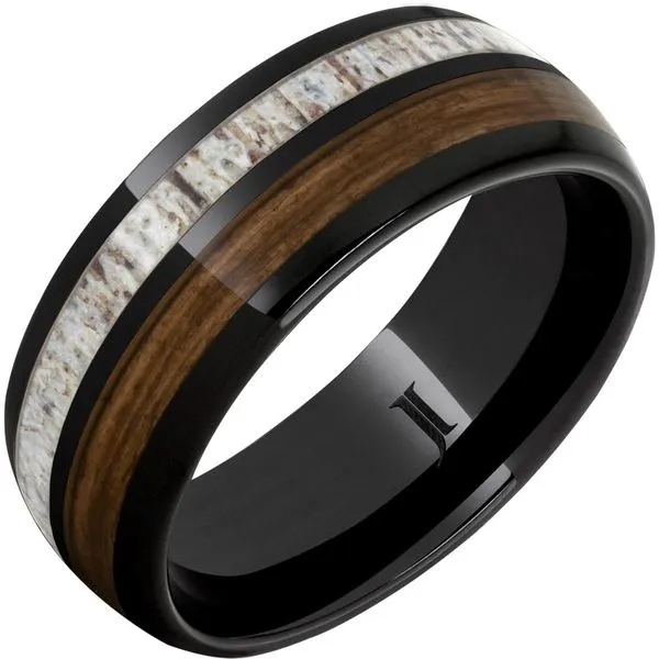 Barrel Aged™ Black Diamond Ceramic™ Ring with Bourbon Barrel Wood and Antler Inlays Ellsworth Jewelers Ellsworth, ME