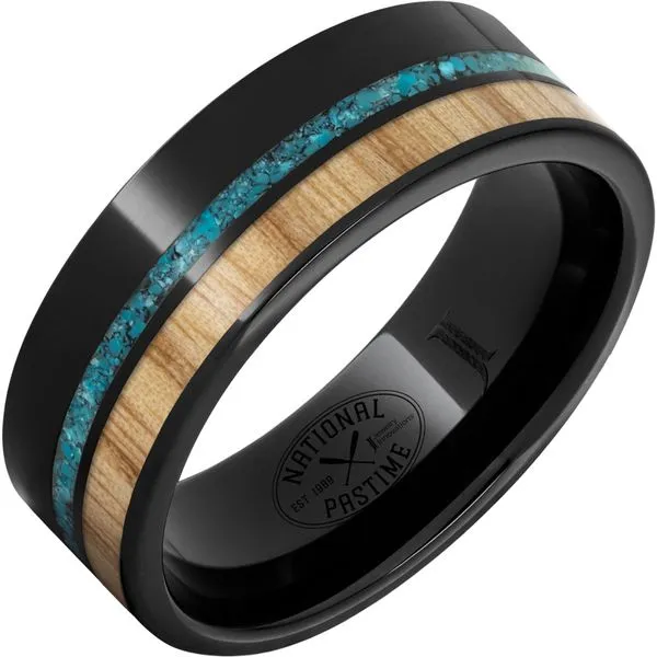 Black Diamond Ceramic™ Ring with White Ash Vintage Baseball Bat Wood and Turquoise Inlays Ellsworth Jewelers Ellsworth, ME