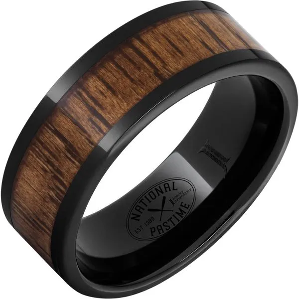 Black Diamond Ceramic™ Ring with Vintage Hickory Baseball Bat Wood Inlay Gaines Jewelry FLINT, MI