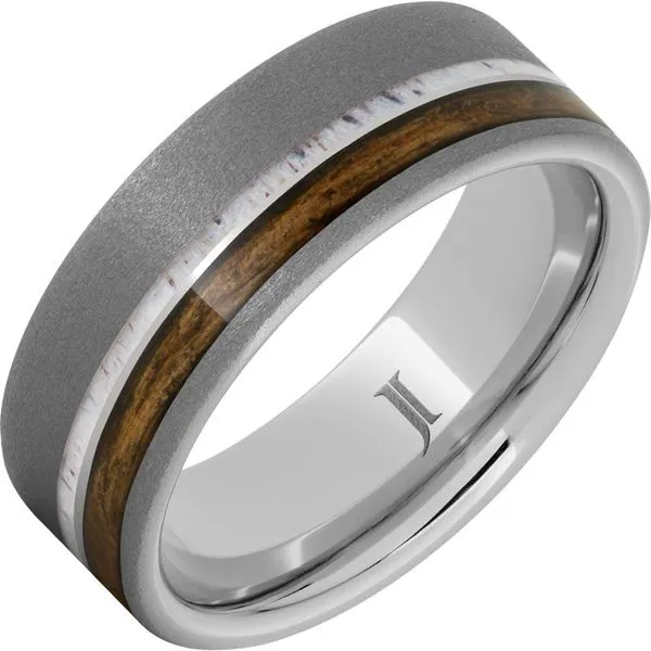 Barrel Aged™ Serinium® Ring with Antler and Bourbon Wood Inlays and Sandblast Finish Daniel Jewelers Brewster, NY