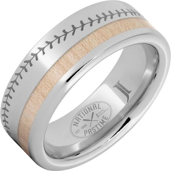 National Pastime Collection™ Serinium® Ring with Maple Vintage Baseball Bat Wood Inlay and Baseball Stitch Engraving Thomas A. Davis Jewelers Holland, MI