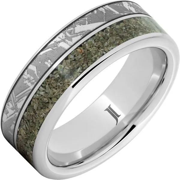 Death from the Sky - Serinium® Dinosaur Fossil Inlay Ring with Meteorite Engraving Thomas A. Davis Jewelers Holland, MI