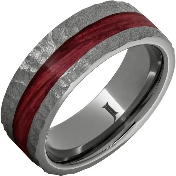 Barrel Aged™ Rugged Tungsten™ Ring with Cabernet Wood Inlay and Moon Crater Carving K. Martin Jeweler Dodge City, KS