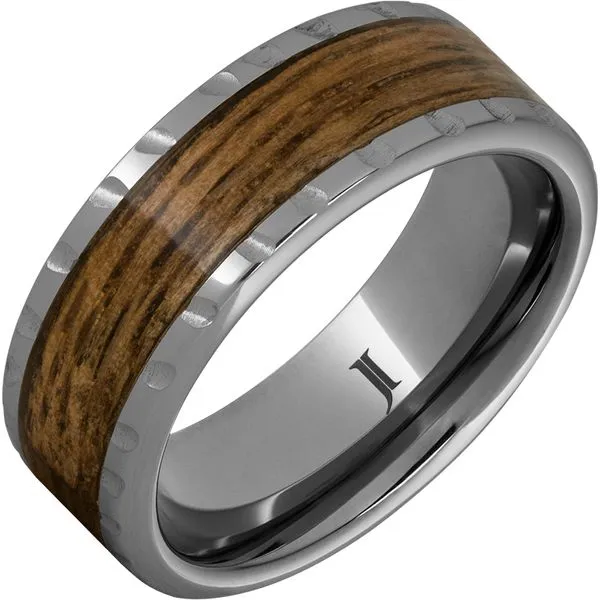 Barrel Aged™ Rugged Tungsten™ Ring with Bourbon Wood Inlay and Scored Edge Michele & Company Fine Jewelers Lapeer, MI