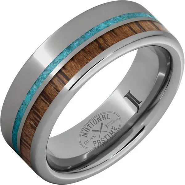 National Pastime Collection™ Rugged Tungsten™ Ring with Hickory Vintage Baseball Bat Wood and Turquoise Inlays Daniel Jewelers Brewster, NY