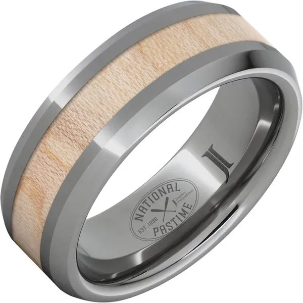 National Pastime Collection™ Rugged Tungsten™ Ring with Vintage Maple Baseball Bat Wood Inlay Gaines Jewelry FLINT, MI