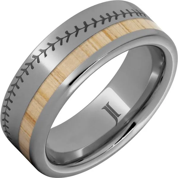 National Pastime Collection™ Rugged Tungsten™ Ring with White Ash Vintage Baseball Bat Wood Inlay and Baseball Stitch Engraving Daniel Jewelers Brewster, NY