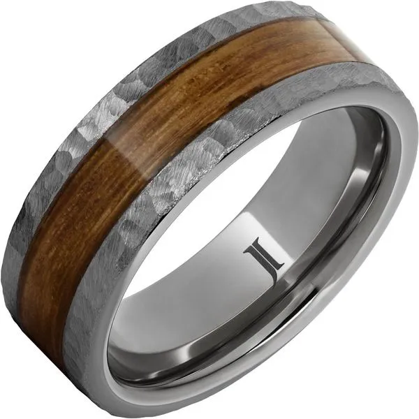 Barrel Aged™ Rugged Tungsten™ Ring with Bourbon Inlay and Moon Crater Finish John E. Koller Jewelry Designs owasso, OK