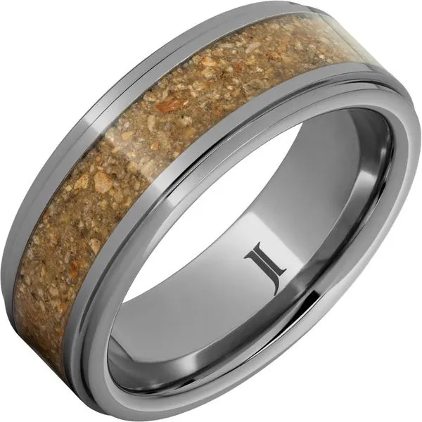 Rugged Tungsten™ Ring with Tan-Brown Dinosaur Bone Fossil Inlay and Flat Recessed Edges Hart's Jewelers Grants Pass, OR