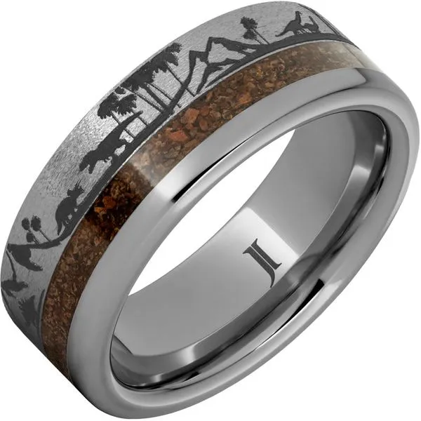 Rugged Tungsten™ Ring with Dinosaur Bone Inlay and Dinosaur Landscape Engraving Gaines Jewelry FLINT, MI