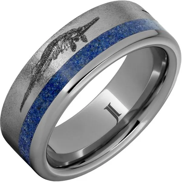 Monsters Of The Deep - Rugged Tungsten™ Ring with Lapis Inlay and Prehistoric Sea Predators Engraving Gysbers Jewelry Waupun, WI
