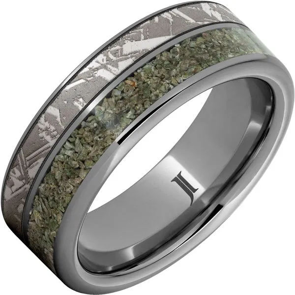Death from the Sky - Rugged Tungsten™ Dinosaur Fossil Inlay Ring with Meteorite Engraving Ellsworth Jewelers Ellsworth, ME