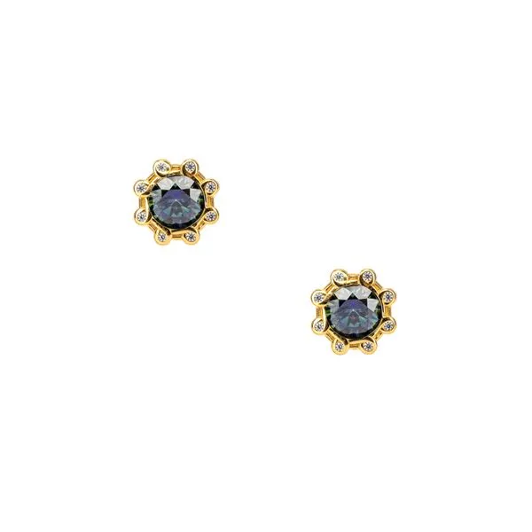 S/sil Rhodium + 23k Gilded Mystic Blue Moissanite & CZ Celestial Stud Earrings Studio D Jewelers Woodstock, IL