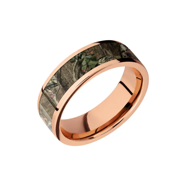 14K Rose Gold 7mm flat band with a 5mm inlay of Mossy Oak Break Up Infinity Camo Castle Couture Fine Jewelry Manalapan, NJ