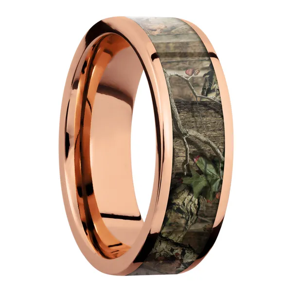 14K Rose Gold 7mm flat band with a 5mm inlay of Mossy Oak Break Up Infinity Camo Image 2 Castle Couture Fine Jewelry Manalapan, NJ