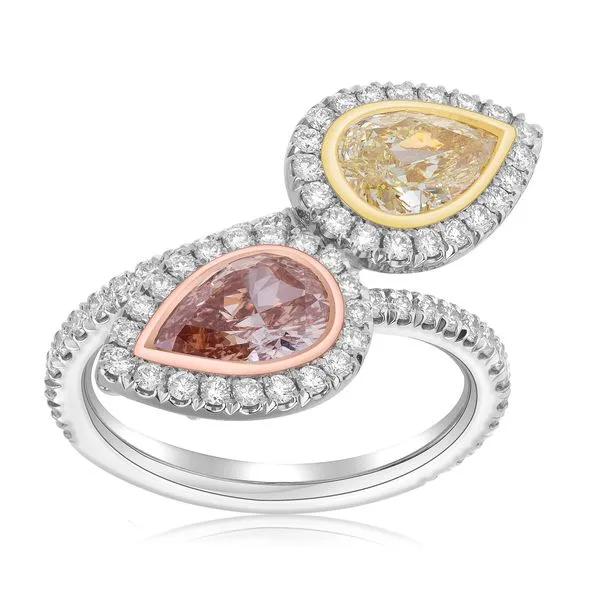 GIA Certified Fancy Pink and Yellow Pear Shape Diamond Bypass Platinum Rare Ring Carroll's Jewelers Fort Lauderdale, FL
