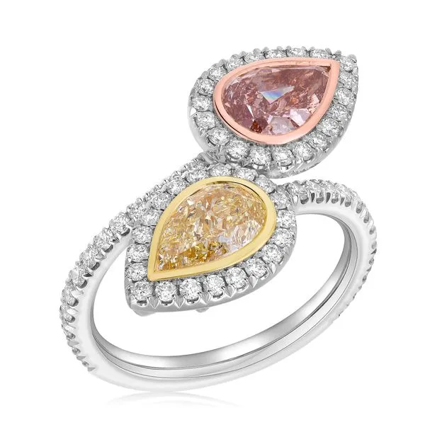 GIA Certified Fancy Pink and Yellow Pear Shape Diamond Bypass Platinum Rare Ring Image 2 Carroll's Jewelers Fort Lauderdale, FL