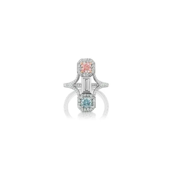 GIA Certified .50 Natural Pink and .53 carat Natural Blue Diamond Platinum Ring Carroll's Jewelers Fort Lauderdale, FL