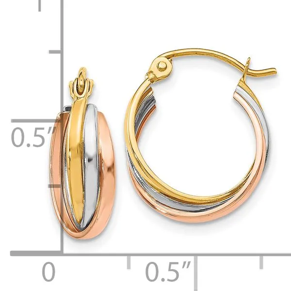 Leslie's 10K Tri-color Polished Hinged Hoop Earrings Image 2 Spencer's Jewelers Athens, GA