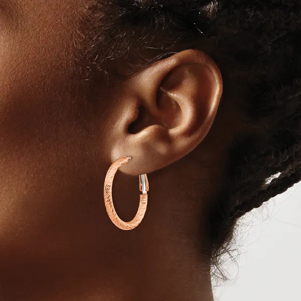 Leslie's 10K 3x20 with Rose Gold Plating D/C Round Omega Back Hoop Earrings Image 3 Mitchell's Jewelry Norman, OK