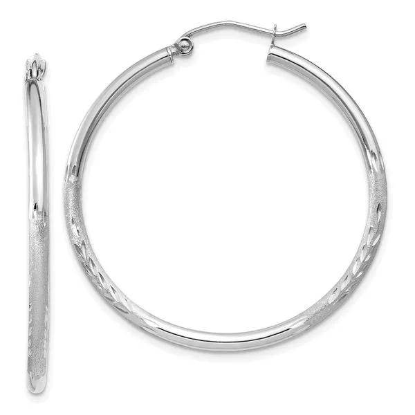 Leslie's 14k White Gold Satin and D/C 2mm Round Hoop Earrings Spencer's Jewelers Athens, GA