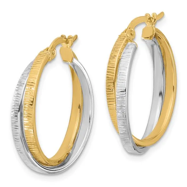 Leslie's 14K Two-tone Polished and Textured Bypass Hoop Earrings Image 2 Mitchell's Jewelry Norman, OK