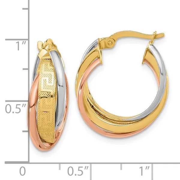 Leslie's 14K Tri-Color Polished with Textured Greek Key Hoop Earrings Image 3 Jerald Jewelers Latrobe, PA