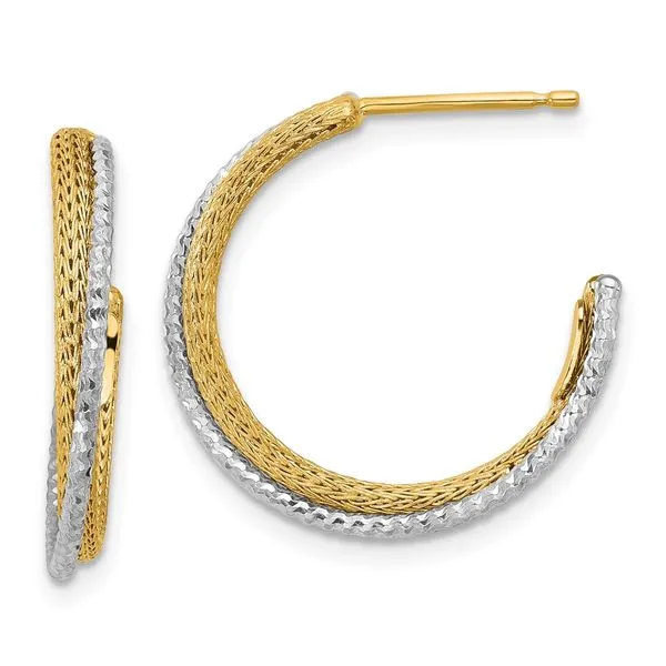Leslie's 14K w/Rhodium Polished/Textured/Dia-cut J-Hoop Earrings Gaines Jewelry FLINT, MI