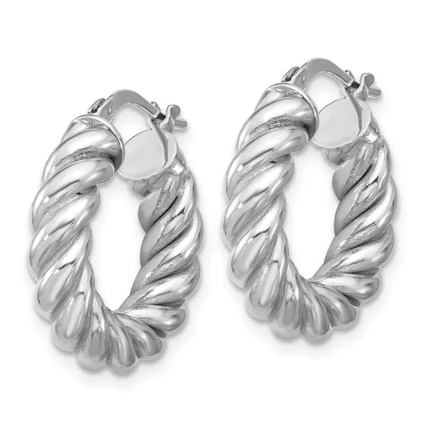 Leslie's 14K w/White RH-plat Polished/Twisted Round Hoop Earrings Image 2 Jim's Jewelers Tyler, TX