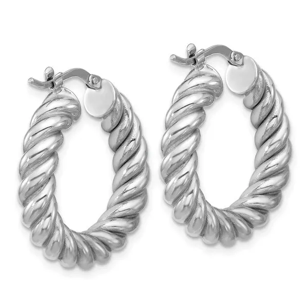 Leslie's 14K w/White RH-plat Polished/Twisted Round Hoop Earrings Image 3 Diny's Jewelers Middleton, WI