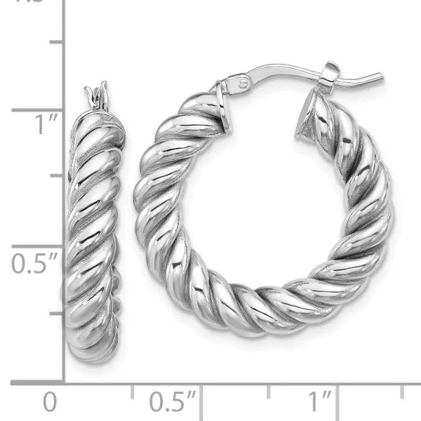 Leslie's 14K w/White RH-plat Polished/Twisted Round Hoop Earrings Image 4 Thomas A. Davis Jewelers Holland, MI