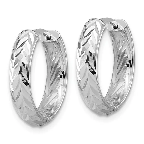 Leslie's' 14K w/White RH-plat Polish/Dia-cut Hinged Hoop Earrings Image 2 Ask Design Jewelers Olean, NY