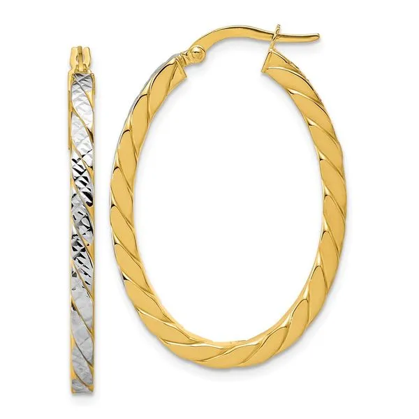 Leslie's 14K w/Rhodium Polished and Dia-Cut Oval Hoop Earrings Trenton Jewelers Ltd. Trenton, MI