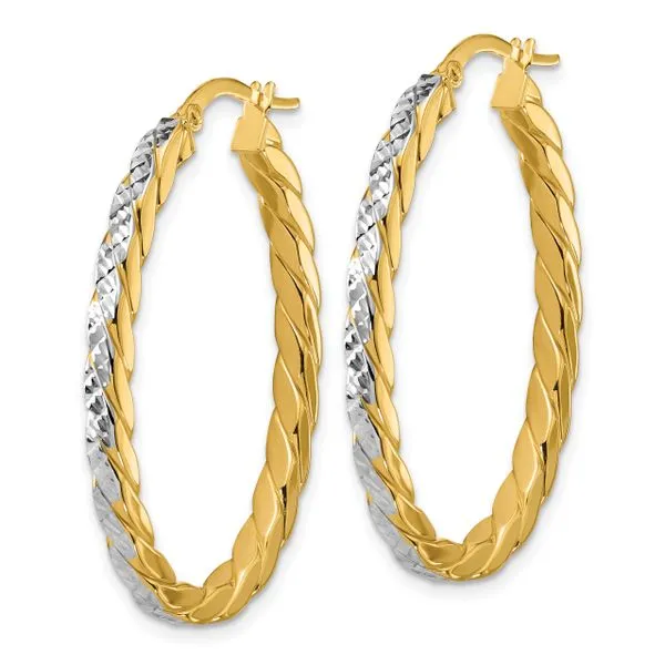 Leslie's 14K w/Rhodium Polished and Dia-Cut Oval Hoop Earrings Image 2 J. Anthony Jewelers Neenah, WI