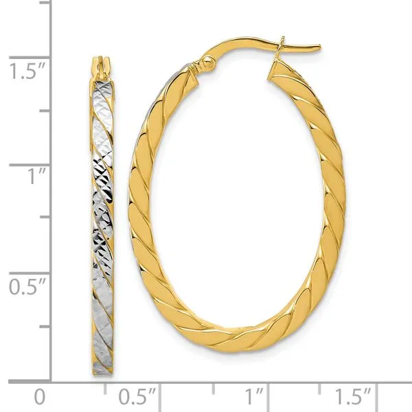 Leslie's 14K w/Rhodium Polished and Dia-Cut Oval Hoop Earrings Image 4 Trenton Jewelers Ltd. Trenton, MI