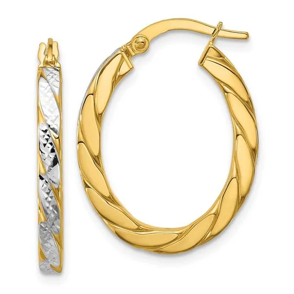 Leslie's 14K w/Rhodium Polished and Dia-Cut Oval Hoop Earrings Jerald Jewelers Latrobe, PA