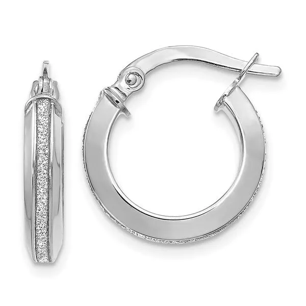 Leslie's 14K White Gold Polished Glimmer Infused Hoop Earrings Peran & Scannell Jewelers Houston, TX
