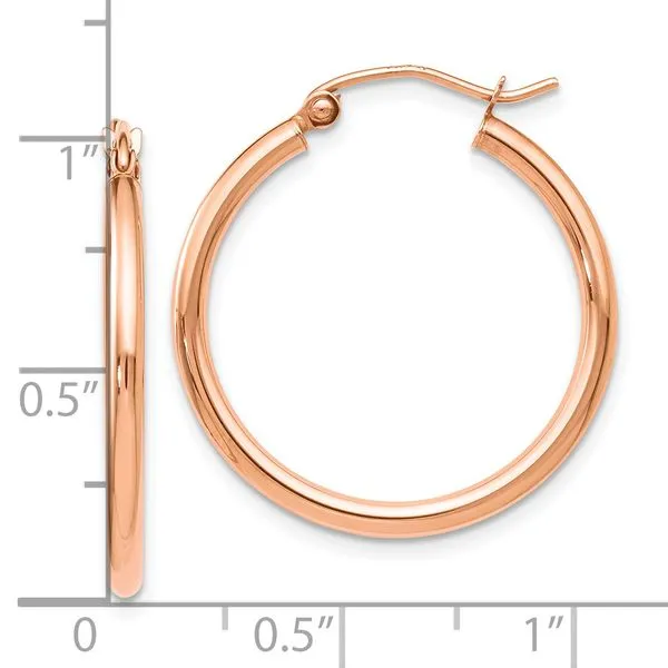 Leslie's 14K Rose Gold 2x25mm Polished Hoop Earrings Image 4 Spencer's Jewelers Athens, GA