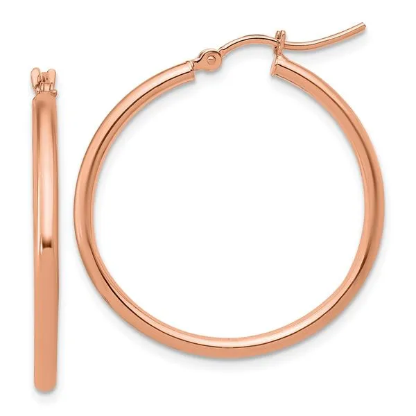 Leslie's 14K Rose Gold 2x30mm Polished Hoop Earrings Peran & Scannell Jewelers Houston, TX