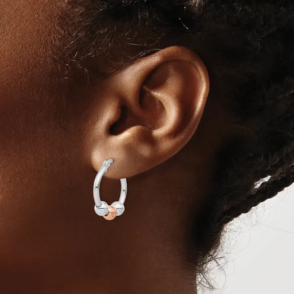 Leslie's Sterling Silver Rhodium-plated and Rose-tone Beaded Hoop Earrings Image 3 Spencer's Jewelers Athens, GA