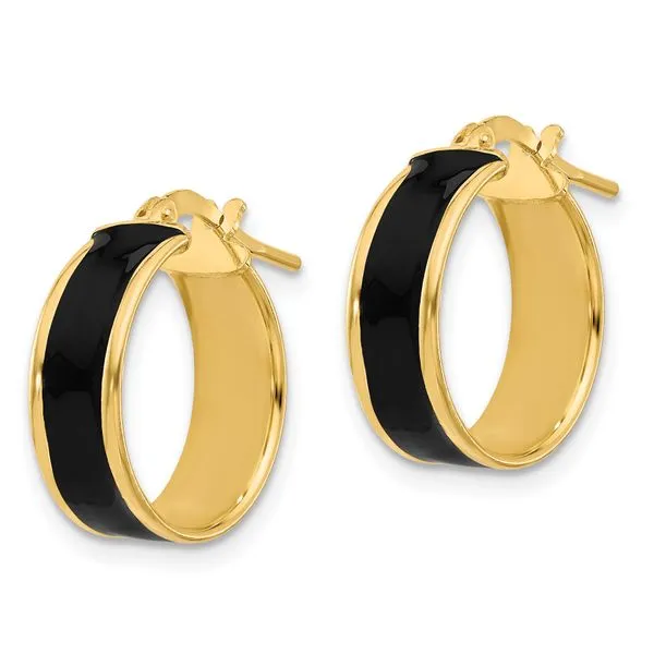 Leslie's Sterling Silver Gold-tone Black Enamel Round Hoop Earrings Image 2 Thomas A. Davis Jewelers Holland, MI