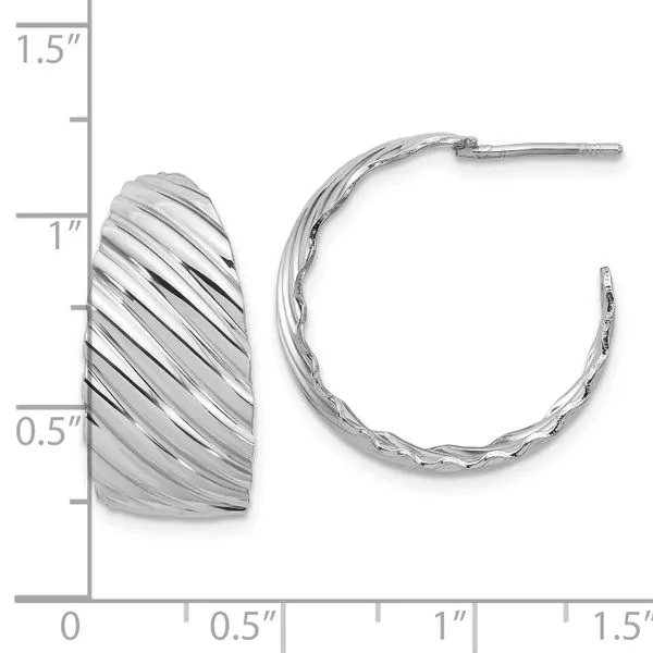 Leslie's Sterling Silver Rh-plat Polished Grooved Left/Right J-Hoop Earring Image 3 Boyd Jewelers Wesley Chapel, FL