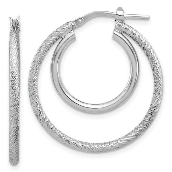 Leslie's Sterling Silver Rh-plat Polished and Textured Double Hoop Earrings Leslie E. Sandler Fine Jewelry and Gemstones rockville , MD